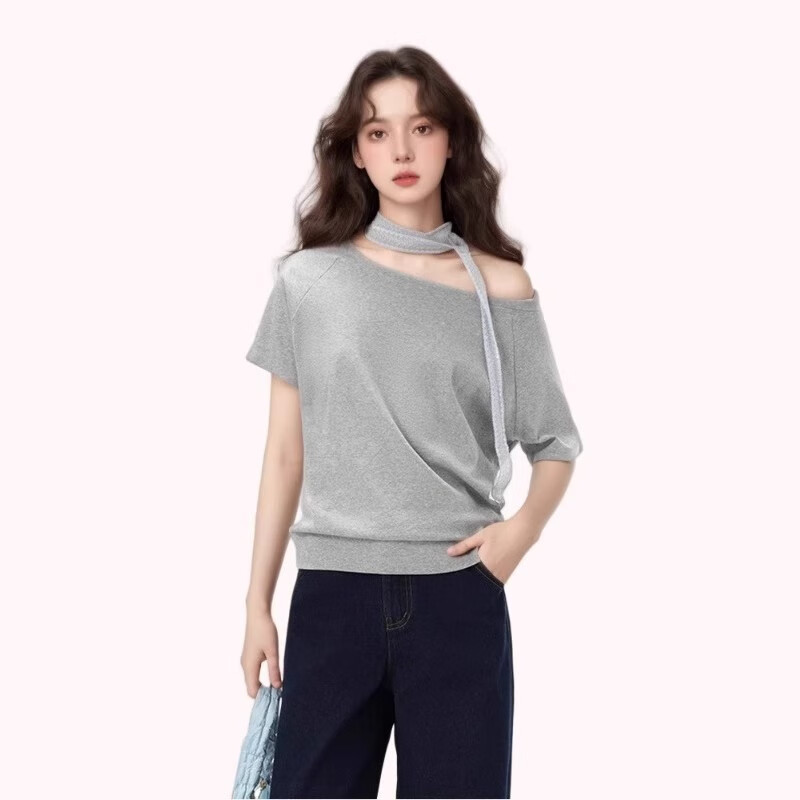 TUCANO Drop-Shoulder Short-Sleeve T-Shirt for Women, 2025 New Summer Style, Off-Shoulder, Loose-Fit, Casual, High-End Top, White, S