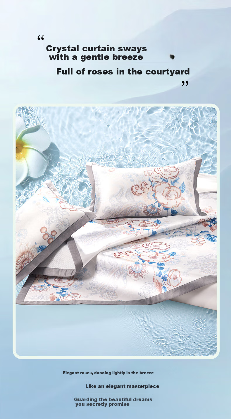 FUANNA Summer Ice Silk Mat, Washable Chinese-Style Printed Cooling Air Conditioning Mat, Elastic Style Double Size Three-Piece Set, 1.8*2 Meters 1