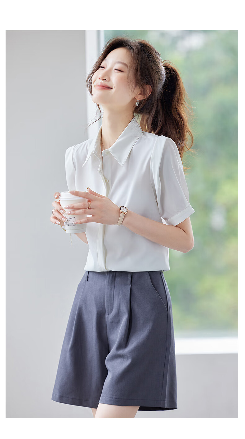 Jeanswest Women's Short Sleeve Shirt Summer College Style Slim Fit Formal Versatile Elegant White S 17