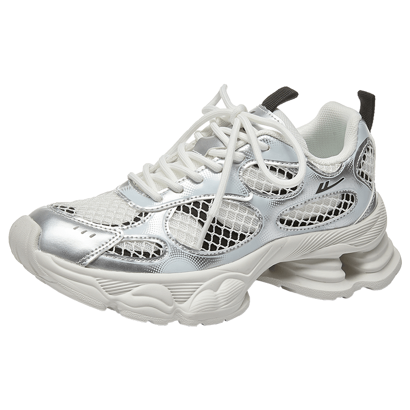 Warrior Official Women's Shoes 2026 Spring Thick Sole Dad Sneakers Women's Height Increasing Sports Casual Shoes Silver White Black Size 35