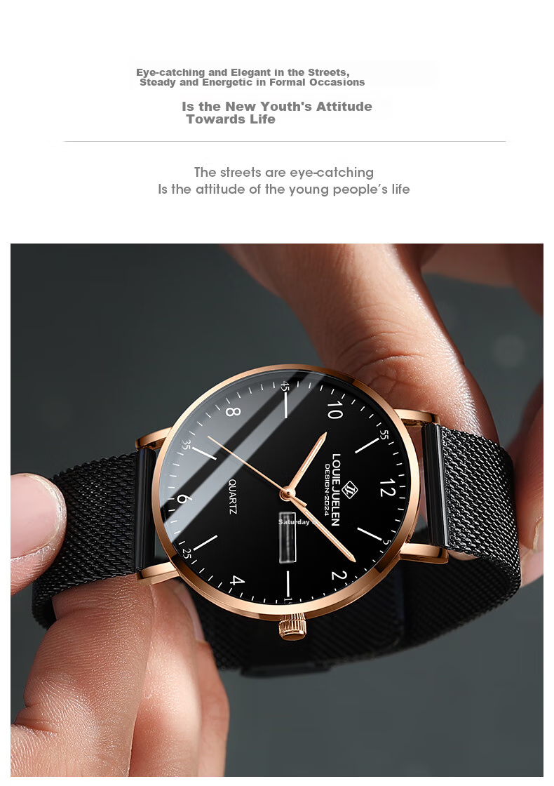 LOUIE JUELEN Official Male Student Exam Watch for Youth, Quiet Back-To Season, Black Case White Dial with Leather Strap 9