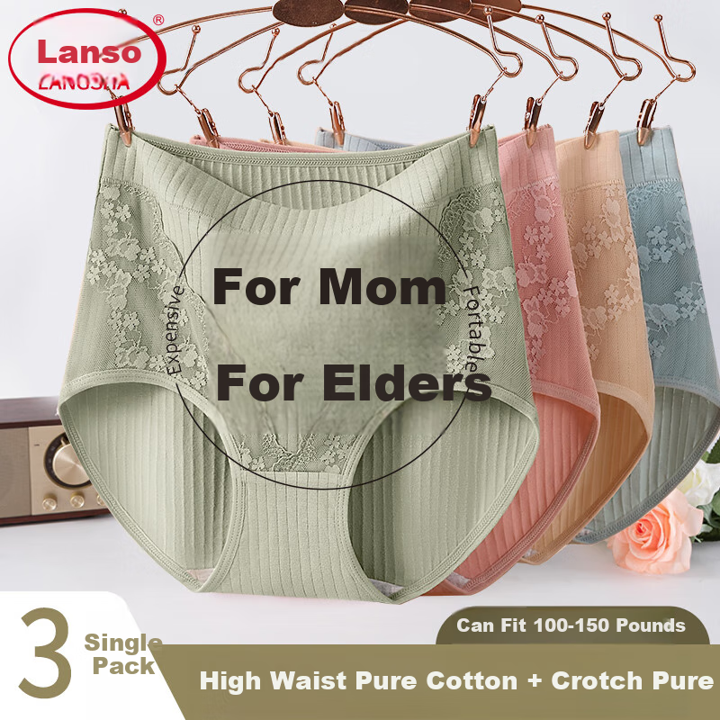 LangSha Wide-Leg Loose Underwear for Women, Deep Crotch High-Waist Pure Cotton Breathable 3-Pack Comfortable Plus Size Middle-Aged Mom Tummy Control Ladies' Underwear