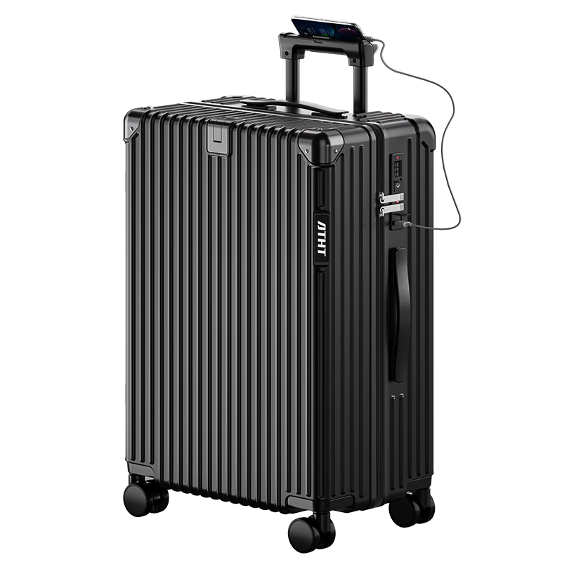 ATHT Luggage Multi-Functional Suitcase, Travel Case, Business Small Carry-On, Password Lock Suitcase, Leather Case, Black, 20 Inches