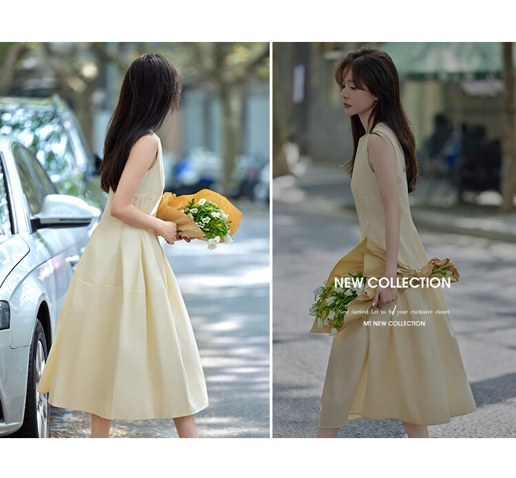 MT Romantic Holiday Pink Summer New Sleeveless Waist-Cinched Mid-Length Simple Dress 4