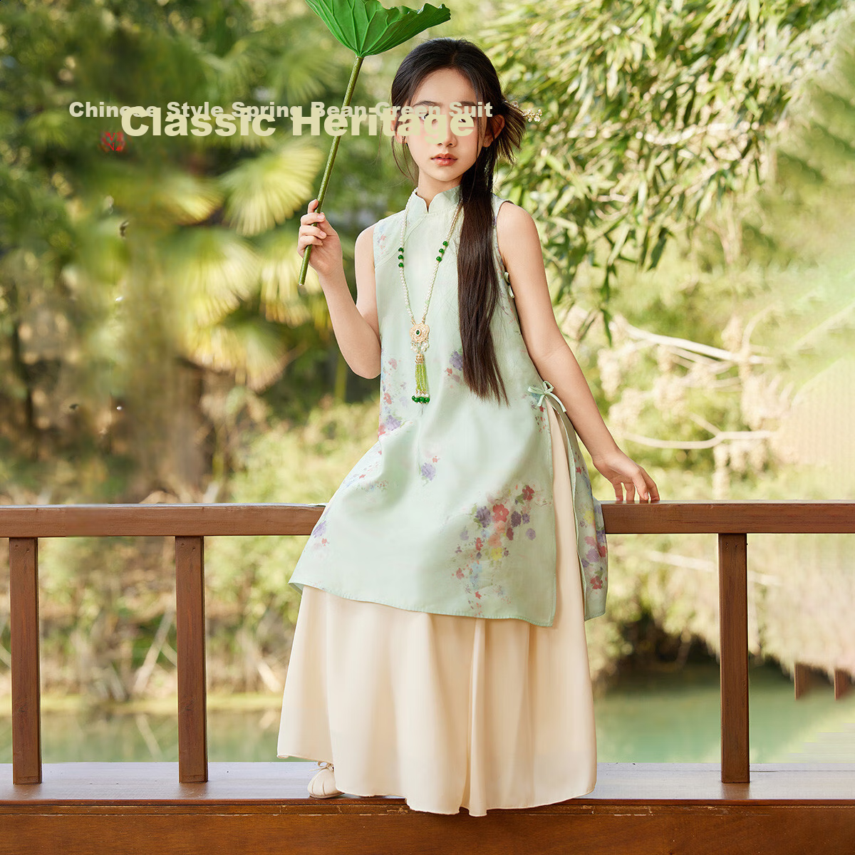 ASK JUNIOR Chinese Style New Summer Girls' Vest Dress and Ma Mian Skirt Two-Piece Set