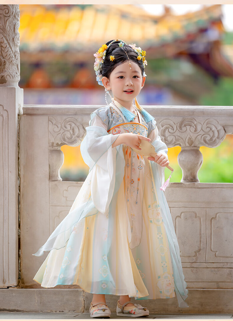 Menghulonglongyue Hanfu Girls' Spring and Autumn Dress New Children's Princess Ru Skirt National Style Dress Yellow Blue 120 24