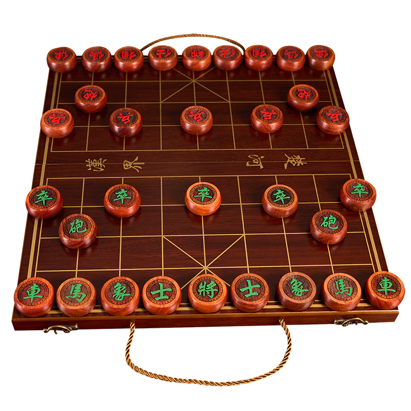 Guan Xiao Er Chinese Chess Wooden Portable Xiangqi Set for Children and Adults with Red Rosewood and Ebony Pieces