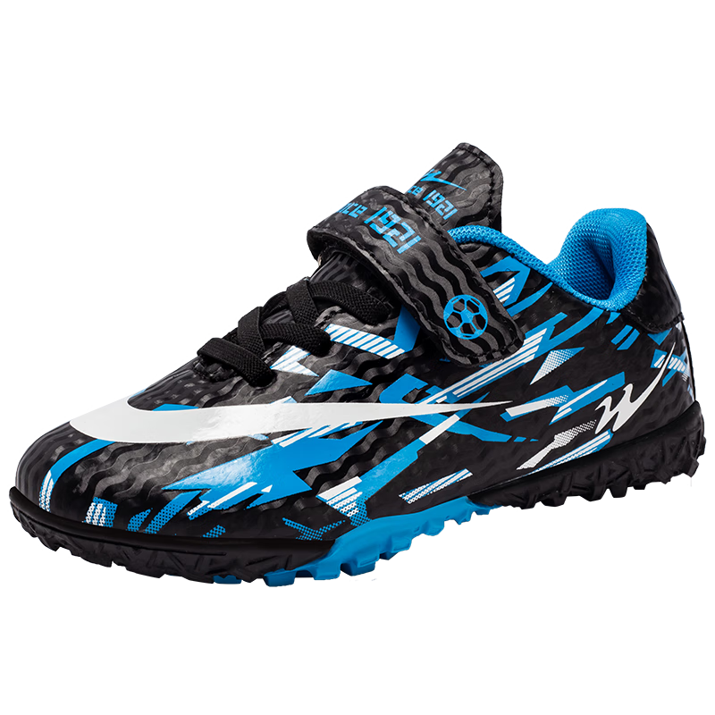 Shuangxing Children's Soccer Shoes for Ages 6-12, Velcro TF Turf Cleats, Non-Slip Wear-Resistant Competition Training Student Football Boots, Black And Blue, Size 38