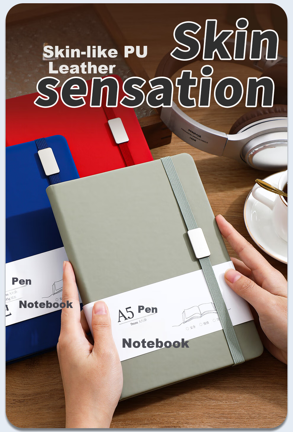 Zuodi A5 Notebook with Page Numbers, Binding Strap, High-Quality Thick Notebook, Large Line Spacing Notebook, Stationery, Diary, Customizable 5