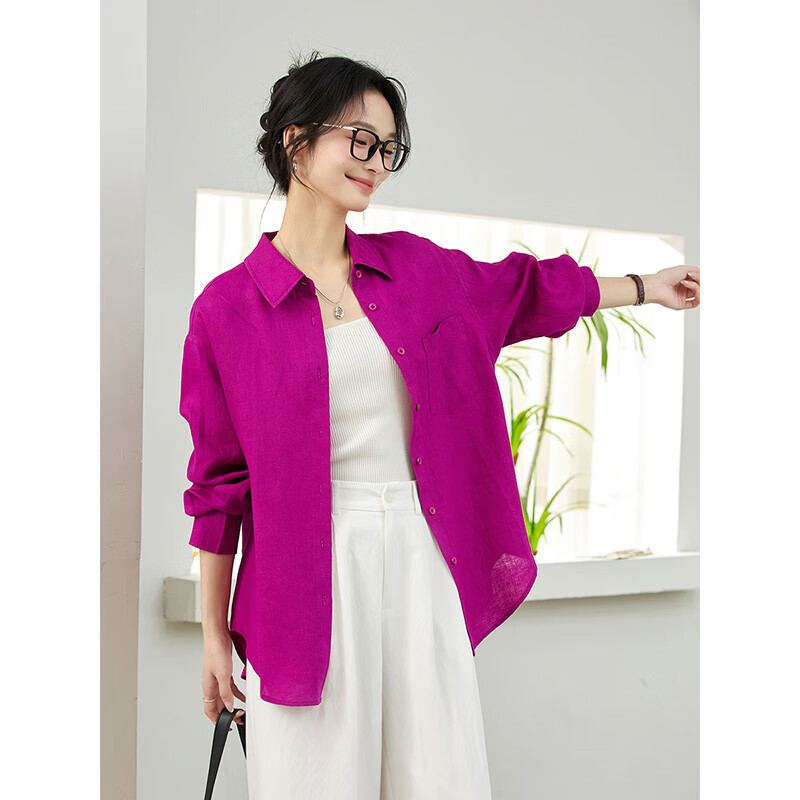 Fansiman Commuter Linen Long Sleeve Shirt Women Autumn New Simple Relaxed Fit Lapel Top Dragon Fruit Red M