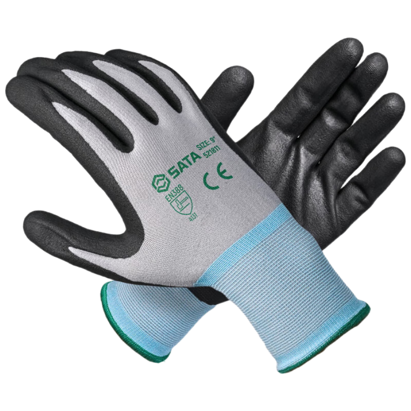SATA 521811 Nitrile Foam 15-Gauge Nylon Spandex Textured Work Gloves, Durable, Breathable, Protective, Men's Size 8, Pair