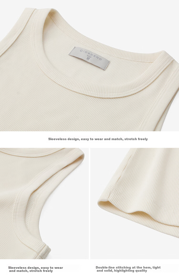 Giordano Women's New Solid Color Simple Style Ribbed Knit Slim-Fit Round Neck Sleeveless T-Shirt 13324209 17