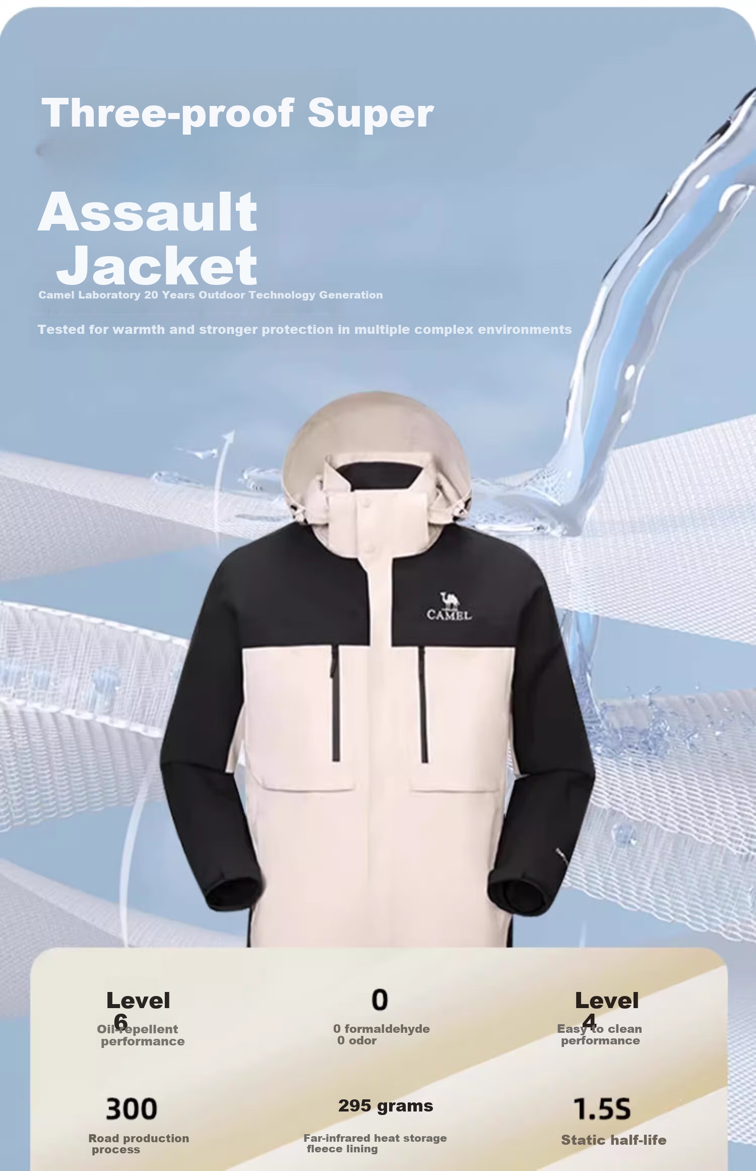 CAMEL Water-Resistant, Oil-Proof, And Waterproof Three-In Hiking Jacket A6B018 Light Mocha Cloud White Men's And Women's Style S 37