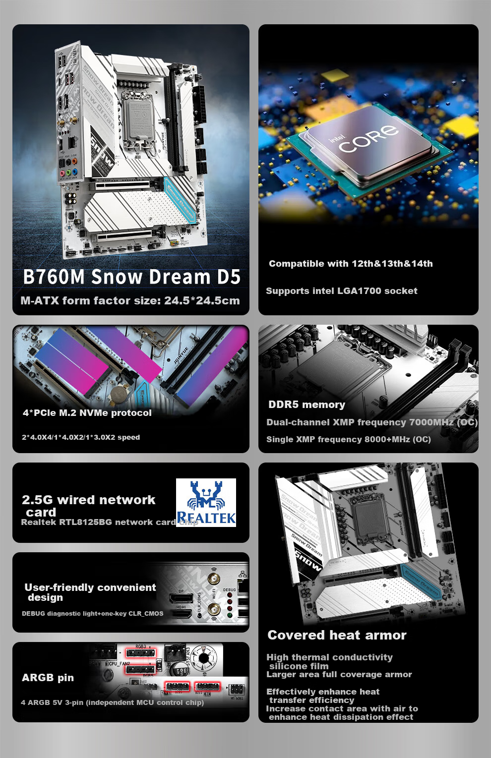 Jingyue B760M Snow Dream DDR5 Motherboard, Gaming Motherboard for I5 14600KF/13600KF/13400F (Intel B760/LGA 1700) 2