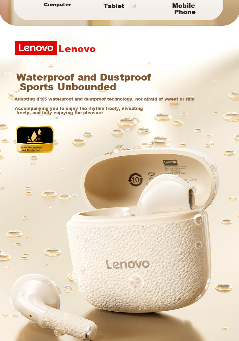 Lenovo Bluetooth Earphones, Semi-In Style, 2026 Popular Model, Bluetooth 5.4, Low Latency, High Sound Quality, Long Battery Life, HD Audio, Wireless Headphones, EA166, Moon Rock White 14