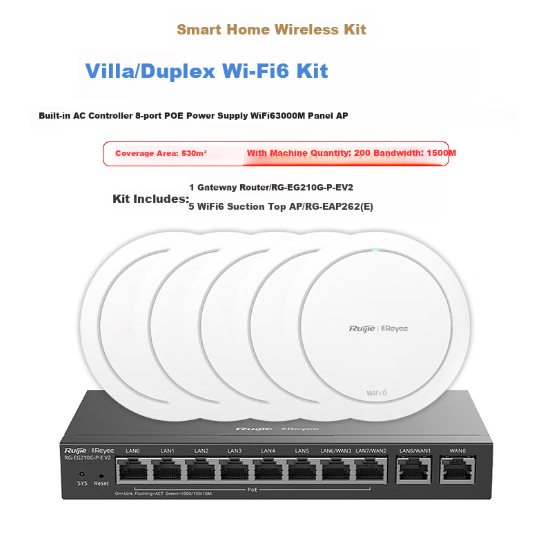 Ruijie Whole-House WiFi 6 Ceiling-Mounted AC+AP Set, 3000M, 1-To Home Wireless Gigabit Router, Smart Home, RG-EG210G V2+RG-EAP262(E)*5