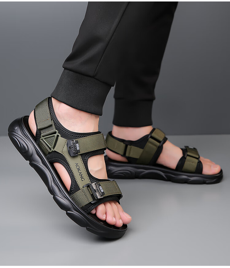 Aokang Men's Beach Shoes, Sports Sandals, Casual Velcro Sandals, Green, Size 40 2
