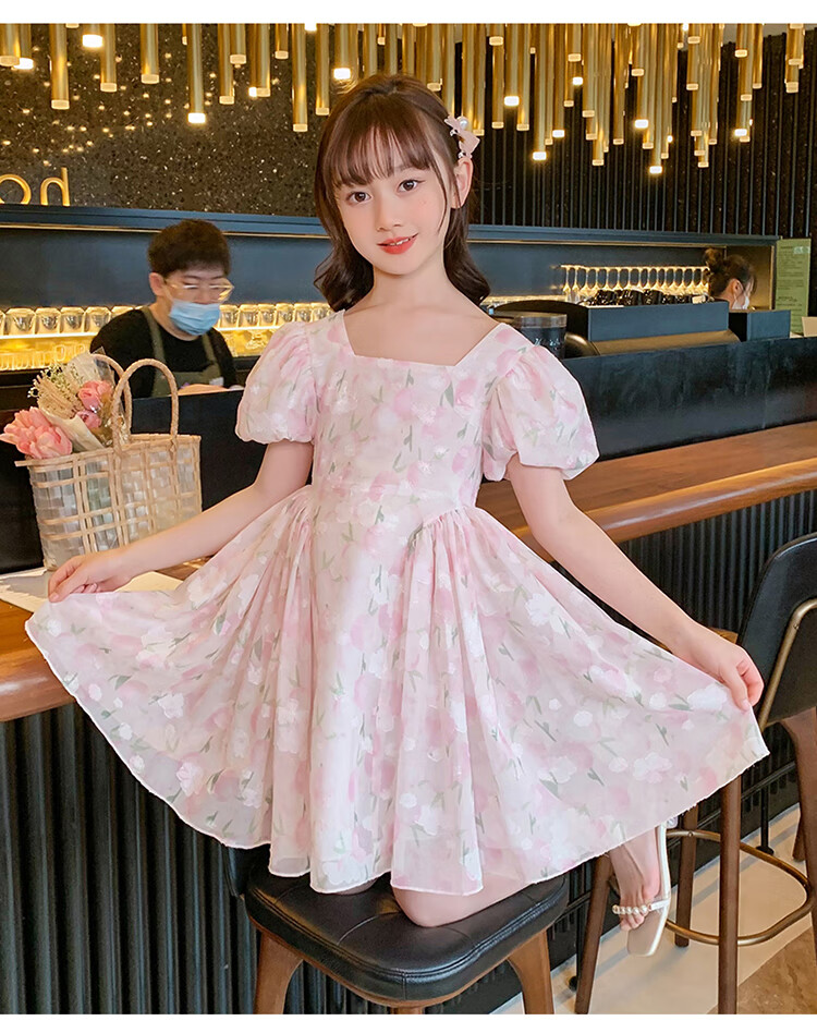 Baminuo Girls' Summer Dress, New Korean Style Children's Fashionable Thin Princess Dress for Older Kids, Pink, Size 120 4