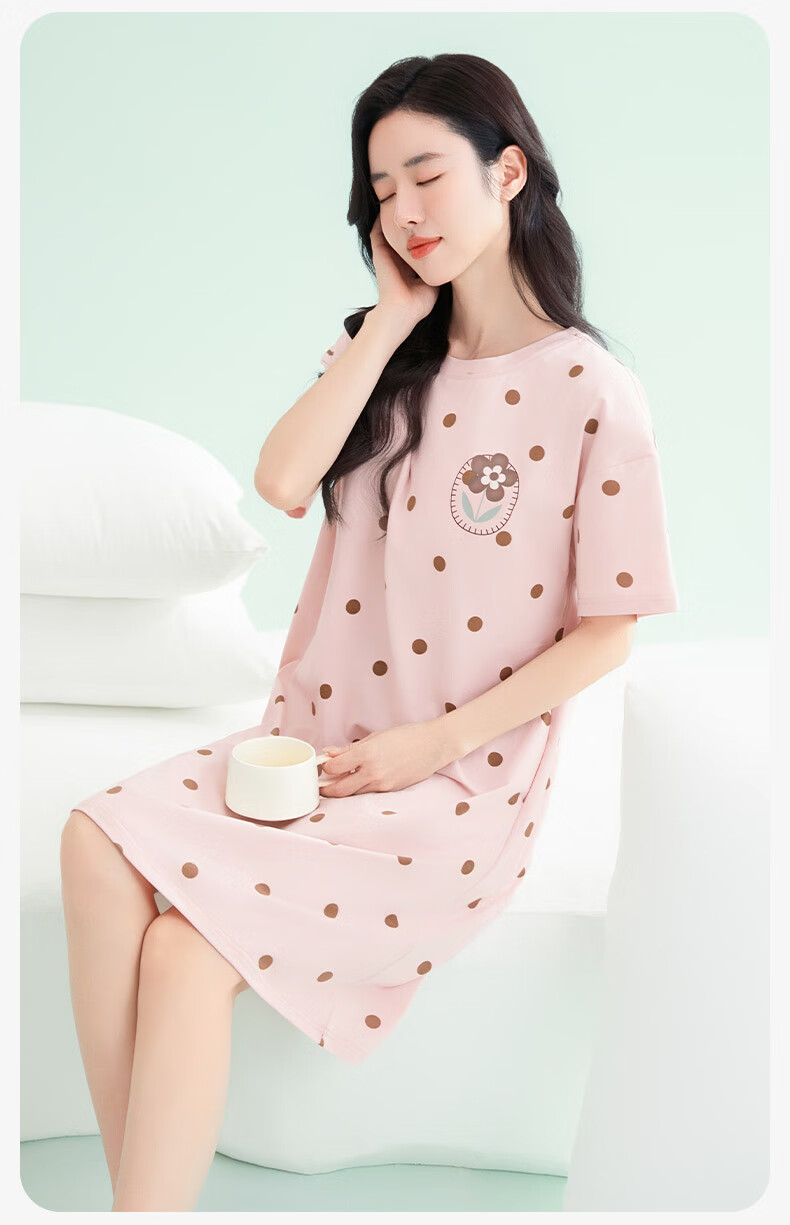 FENTENGCARE Women's Nightgown with Built-In Bra Pads, Round Neck Short Sleeve Short Skirt Polka Dot Breathable Dress Loungewear Gift for Girls 12