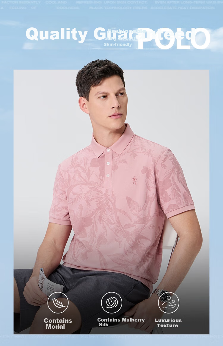DANCING WOLVES [Containing Mulberry Silk] Casual Commute Dark Pattern Printed Breathable Men's Short-Sleeve POLO 406 Pink 165 1