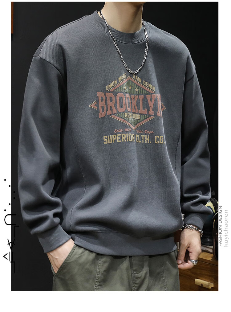JEEP SPIRIT Heavyweight Crewneck Sweatshirt Men Spring Trendy Brand Printed Plus Size Long Sleeve Shirt Dark Gray 2XL 9
