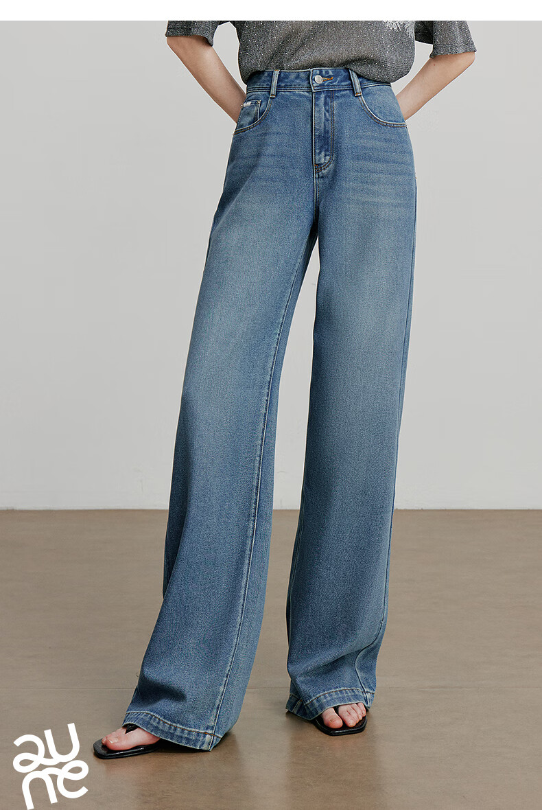 Chuyu Focus Acetate Puff Soft Denim Women's 2025 New Mid-Waist High Street Embroidered Wide-Leg Pants Sky Blue 28 25