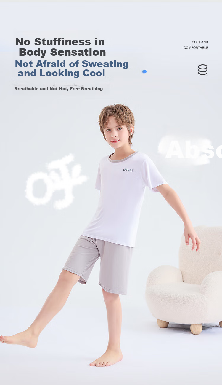 LangSha Children's Pajamas, Boys' New Summer Casual Short-Sleeve Shorts Thin Sleepwear Set, Loose Fit, Gray, Size 150 3