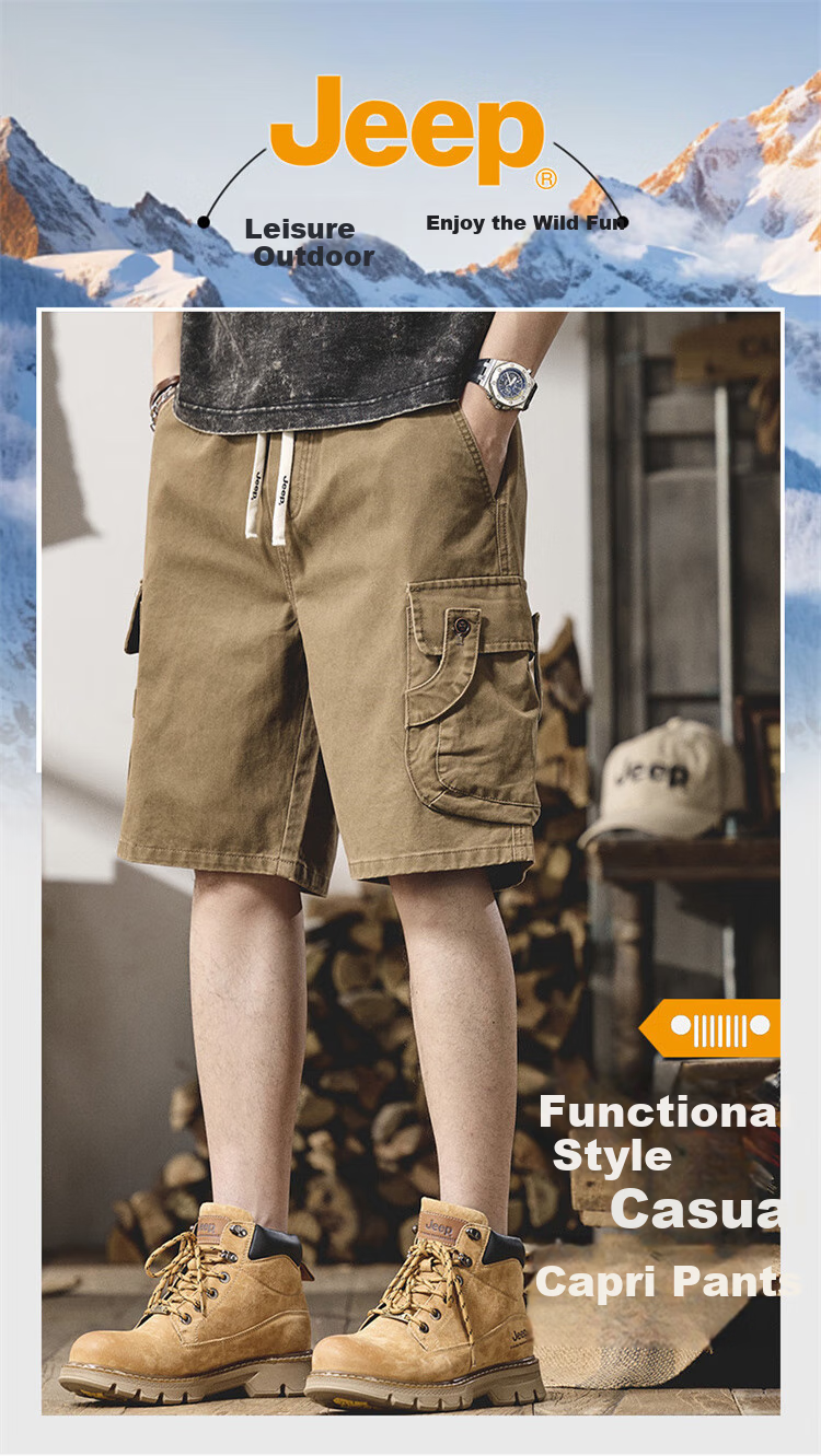 JEEP Men's Shorts, Summer Casual Breathable Loose Cargo Pants, Versatile Knee-Length Shorts for Men, Khaki, M 1