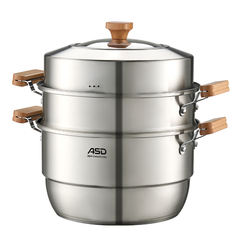ASD 304 Stainless Steel Three-Layer Steamer Pot 30CM Elevated Double-Layer Steaming Basket - Original Wood Series G1
