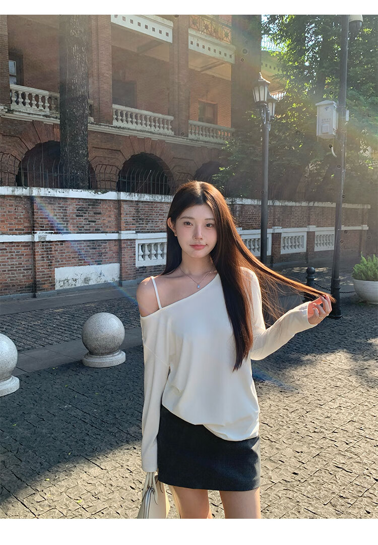 TUCANO Slanted Shoulder Long-Sleeve T-Shirt for Women, Autumn New Style, Elegant Loose Casual High-End Base Shirt Top, White, M 8