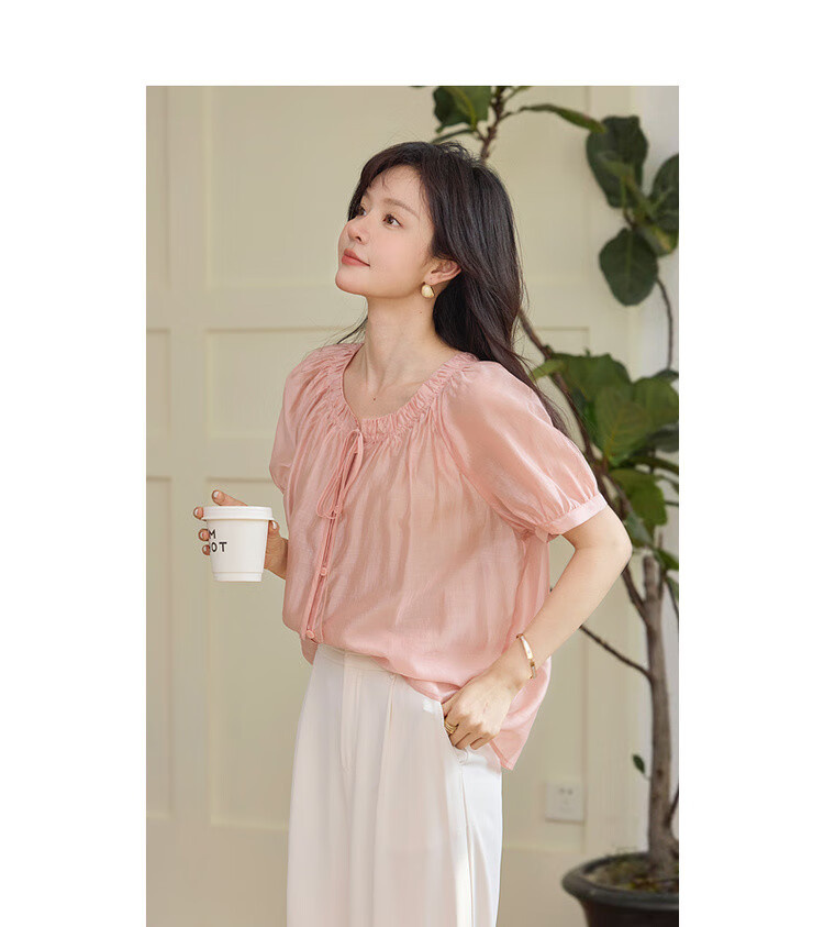 MT "Blazing Peach Blossom" Summer Sweet Style Tencel Polyester Wrinkled Round Neck Lightweight Shirt Women's Top 13