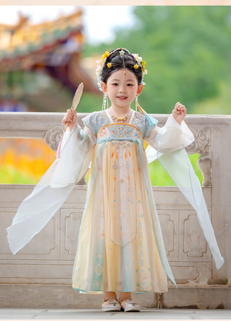 Menghulonglongyue Hanfu Girls' Spring and Autumn Dress New Children's Princess Ru Skirt National Style Dress Yellow Blue 120 26