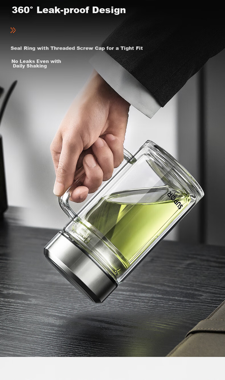 SUPOR Double-Layer Glass Cup for Men, Home Tea Infuser Cup with Handle, Business High-Quality Mug for Office Use 9