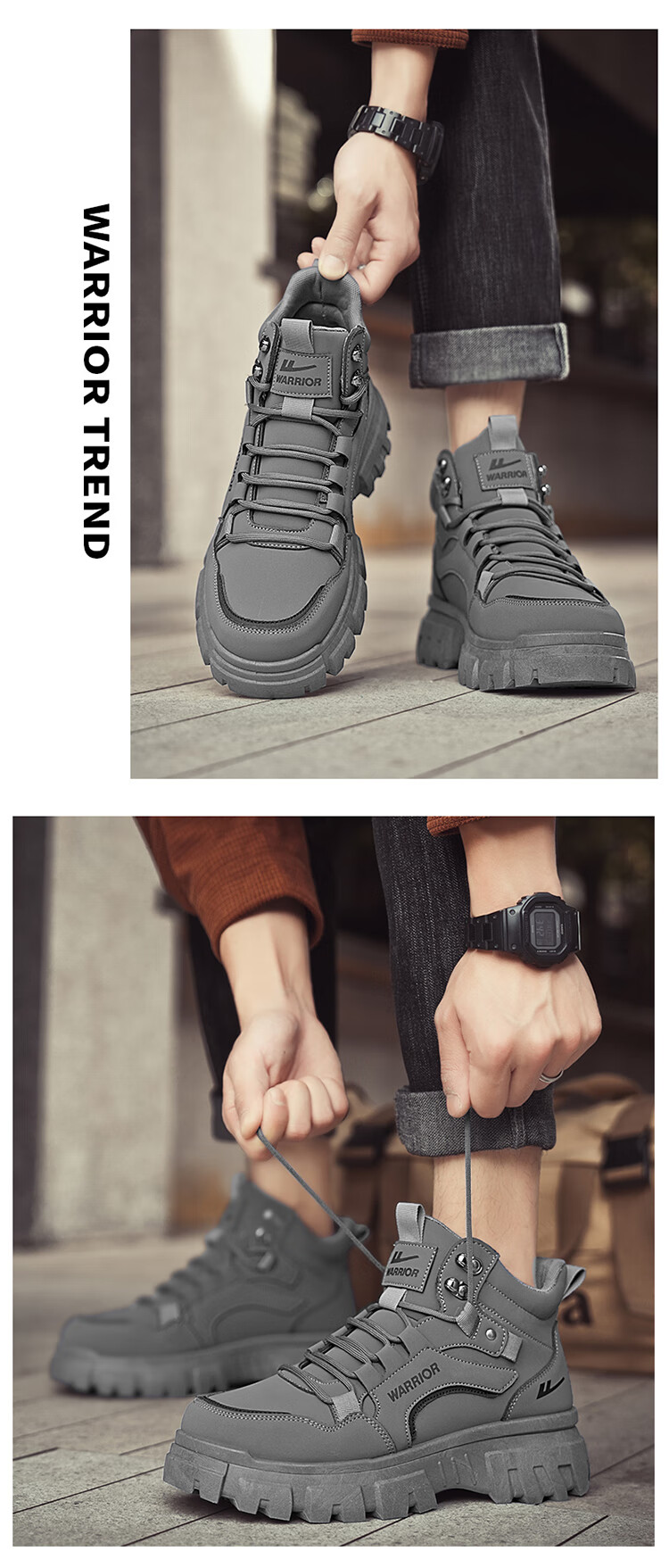 Warrior Martin Boots Men's Autumn Winter New Casual Thick Sole High Top Work Shoes Black Gray 41 9