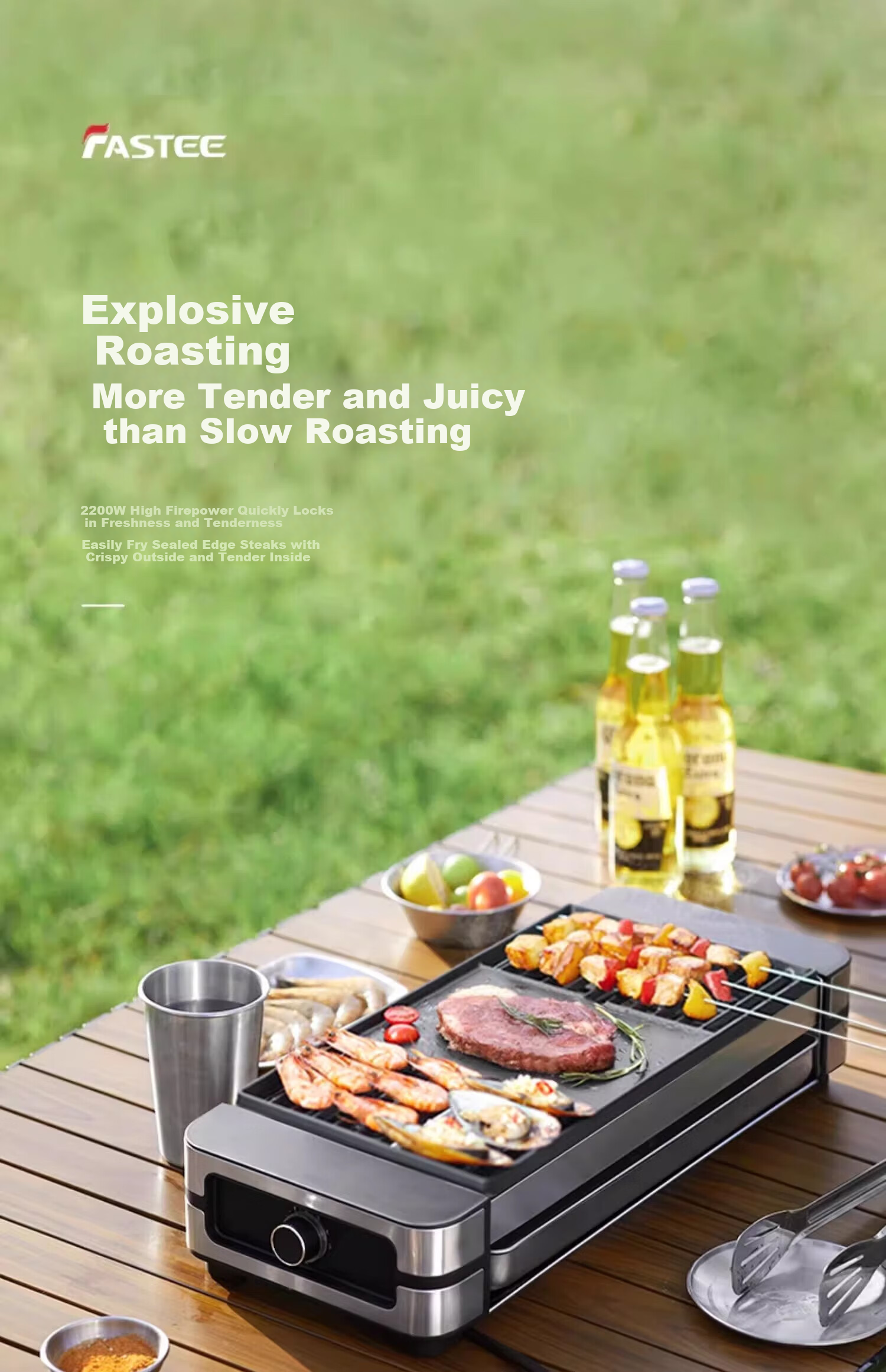 Fastee Electric Grill PLUS Version, Meat Grilling Pan, Home Electric Barbecue Grill, Skewer Machine, 2200W High Power Smokeless Outdoor Electric Grilling Rack for Skewers And Meat, FST-62C 3