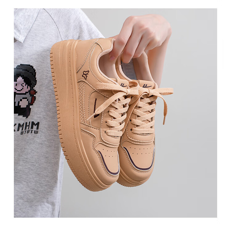 Warrior Women's Shoes, Thick-Soled Versatile White Sneakers for Spring And Autumn, New Sweet Casual Shoes, Student Sports Skateboard Shoes, Khaki Color, Size 38 8