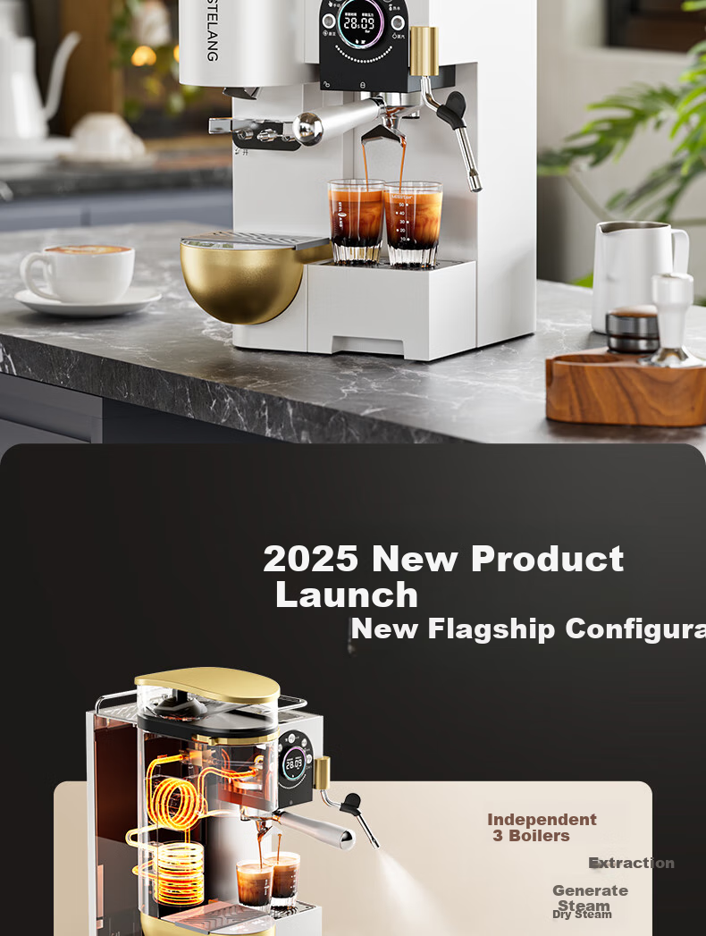STELANG [Same Price As 618] ST-560ET Home Semi-Automatic Coffee Machine, Three-Pot Stove, Dual Pump Grinding All-In Machine, Commercial Gree 6