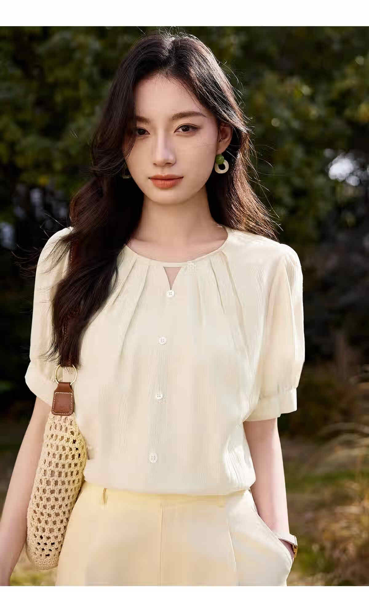 Chushen Summer Women's Short Sleeve Shirt V-Neck Hollow Out Elegant Vacation Style Chiffon Blouse S52X016 18
