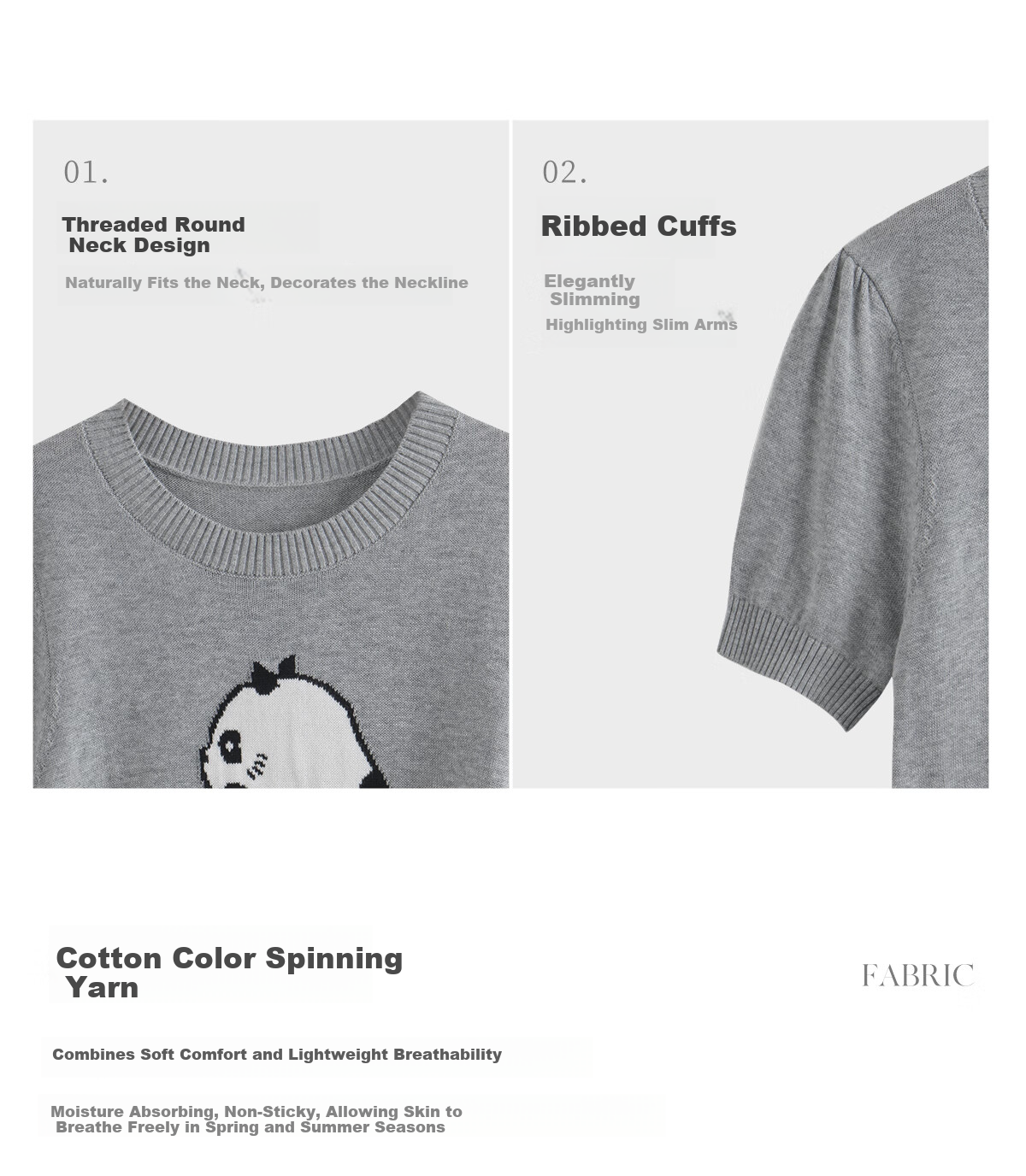 Oulain Elegant Short-Sleeve Knit Top for Women, Spring And Summer Fun Panda Pullover Sweater, Light Gray, L 12