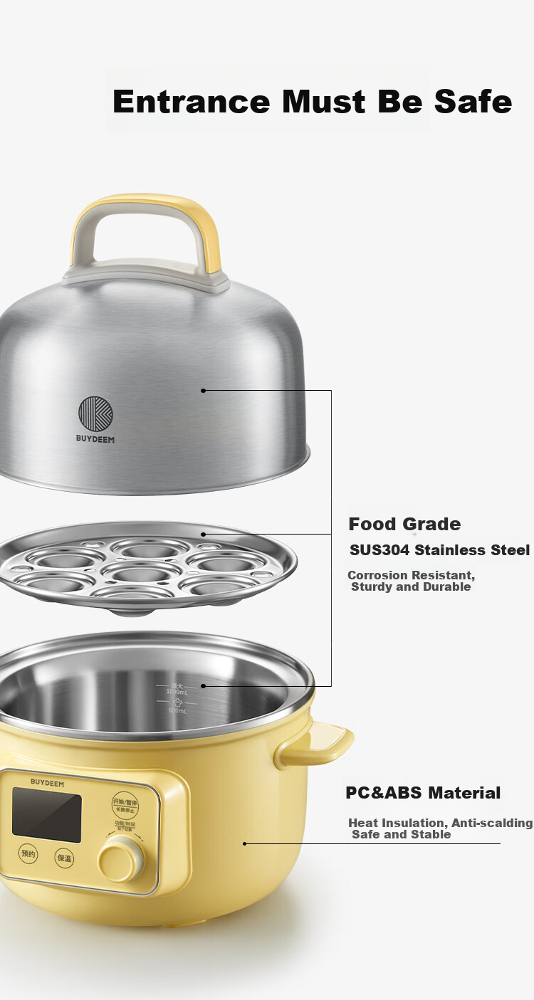Buydeem Electric Cooking Pot, Electric Steamer Pot, Mini Steamer for Home Use, Electric Hot Pot, Fully Automatic Reservation, Heat Preservation Steamer Pot, Multi-Purpose Cooker for Home Use, Steaming, Cooking And Stewing Pot [G37 Small Yellow] 14