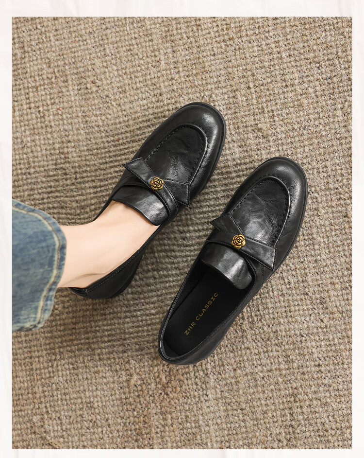 ZHR Women's Flat Shoes 2026 Spring New British Style Loafers Commuter Slip-On EH208 Black Size 38 2