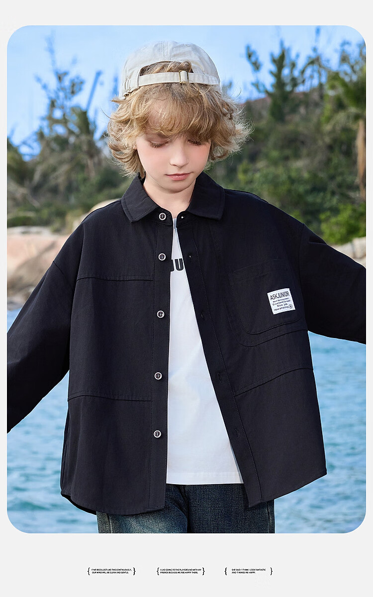 ASK JUNIOR Pure Cotton Children's Shirt 2026 Spring Lapel Long Sleeve Boys Shirt Jacket for Older Kids and Teens 11