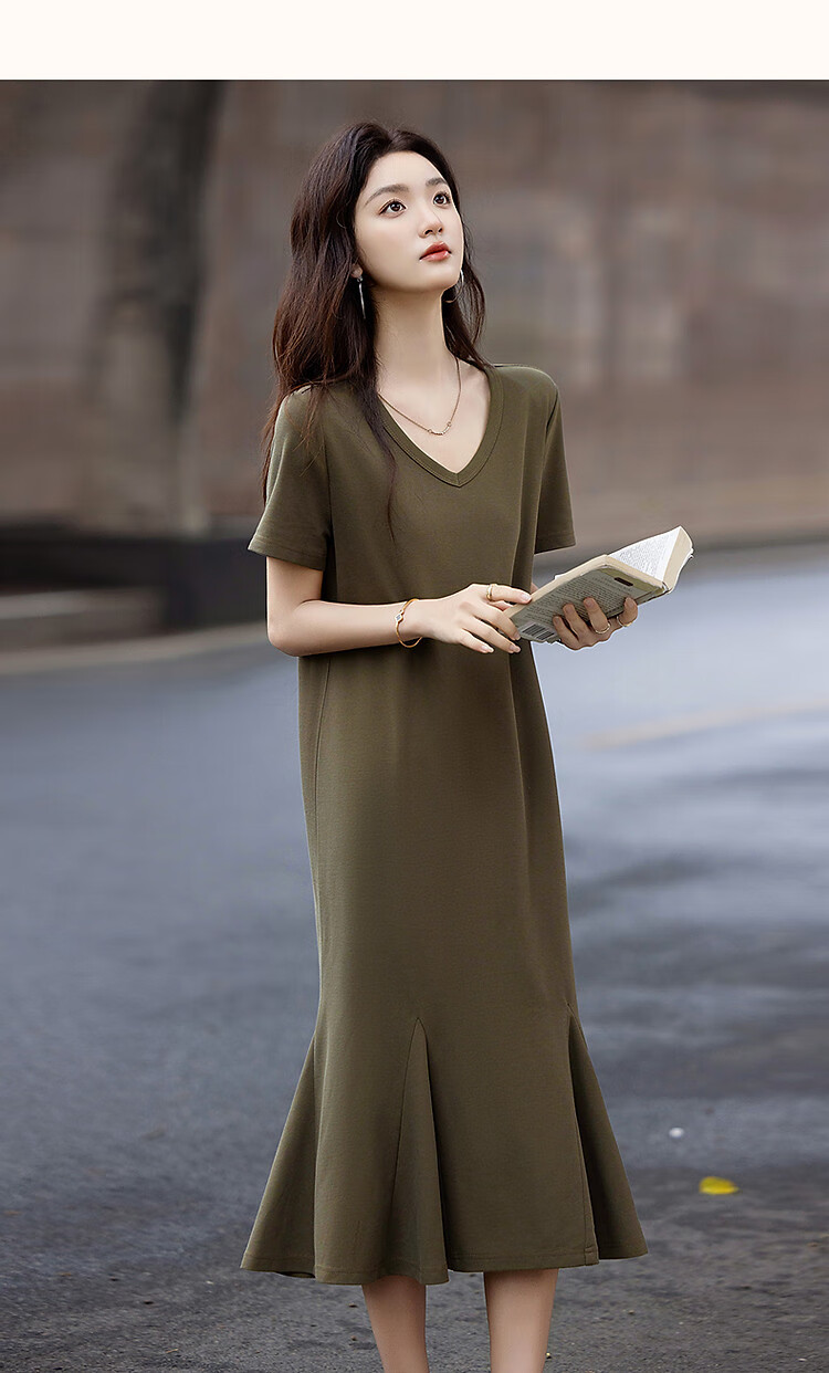 Demana Gentle Cloud Cotton Summer Relaxed V-Neck Loose Patchwork Hem Knitted Mid-Length Straight Women's Dress 23