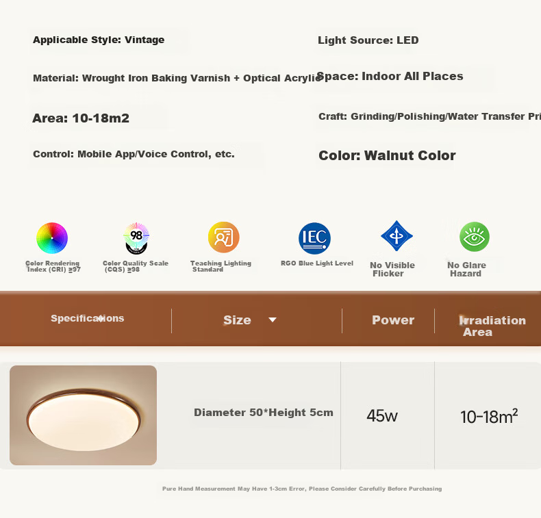 Huashuozhaoming American Walnut Wood, Vintage French Style Bedroom Ceiling Light, Modern Minimalist Round Design, Three-Color Adjustable Lighting 28