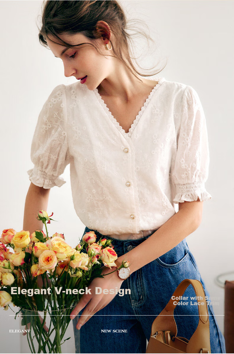 Olrain [Exquisite Small Flower Embroidery Lace Blouse], V-Neck Shirt, Summer Women's Top, Elegant Commuter Wear, White, M 4