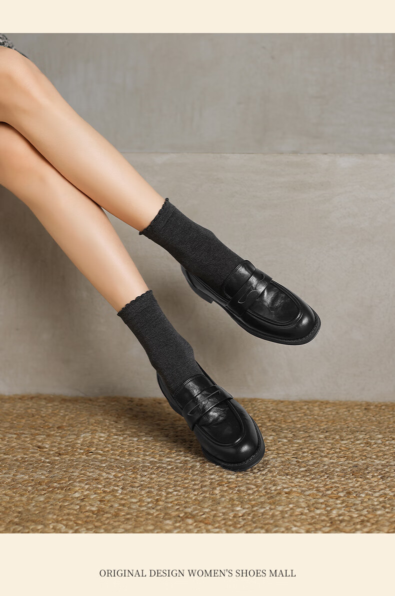 DAPHNE British Style Black Leather Shoes for Women, 2026 New Summer Thick Mid-Heel Loafers, Commuter Work Slip-On Flats 11
