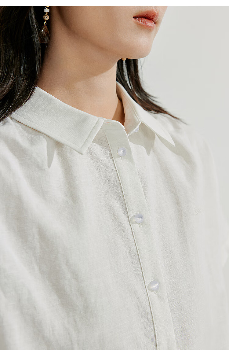 INMAN Linen Simple Commuter Shirt, Summer Women's Wear, Versatile French Style Loose Slimming Short-Sleeve Blouse, Pearl White, S 7