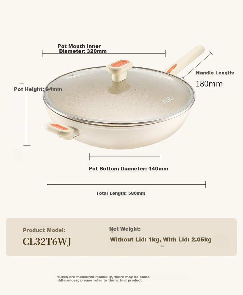 ASD Wok, Ceramic Non-Stick Frying Pan, Crystal Stone Flat Bottom Skillet, 32cm, Compatible with Gas And Induction Stoves, CL32T6WJ 14