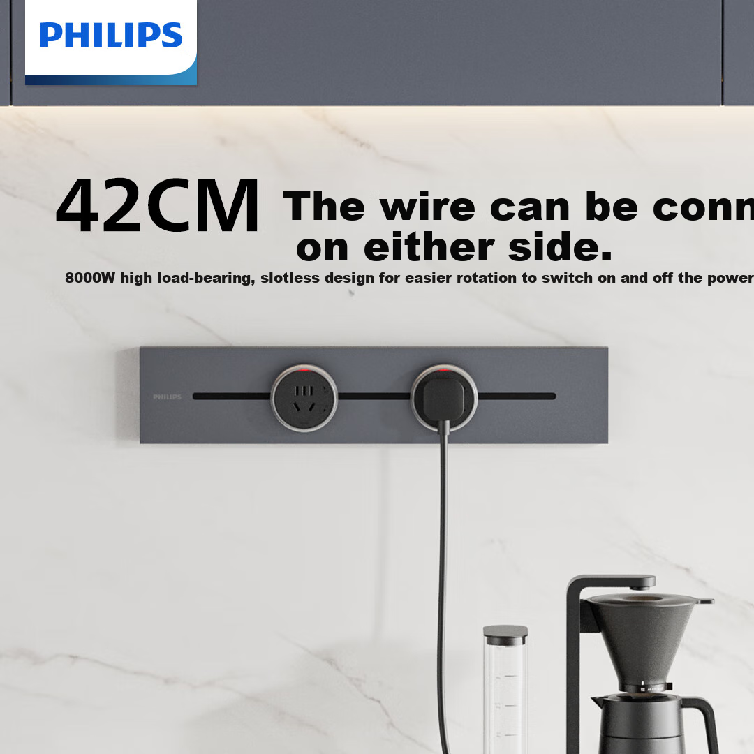 PHILIPS Surface-Mounted Track Socket Switch Panel, Wall-Mounted without Groove, Movable Sliding Rail Panel, Sideboard Track-Type Sliding Power Strip, 42cm Track + 2 Adapters, Gray
