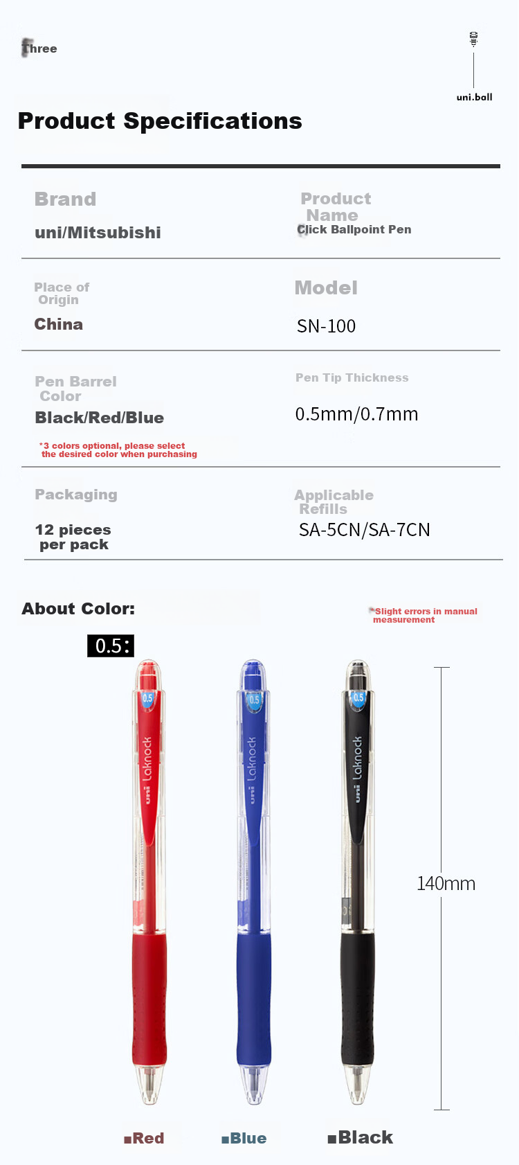 Uni Mitsubishi SN-100 Retractable Ballpoint Pen, 0.5mm Diameter, Student Pen, Office Stationery Signing Pen, Red, Pack of 12 8